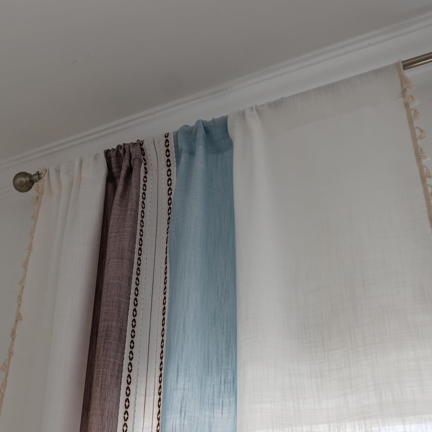 AIGIA Boho Linen Curtains for Bedroom Living Room Semi Blackout Farmhouse Tassels Bohemian Embroidery Drape Rod Pocket 1 Panel