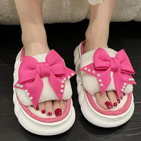 

PIKADINGNIS 2022 Heart Modelling Design Fluffy Fur Slippers Women Winter Warm Closed Plush Home Slippers Platform Height 4cm Women Shoes
