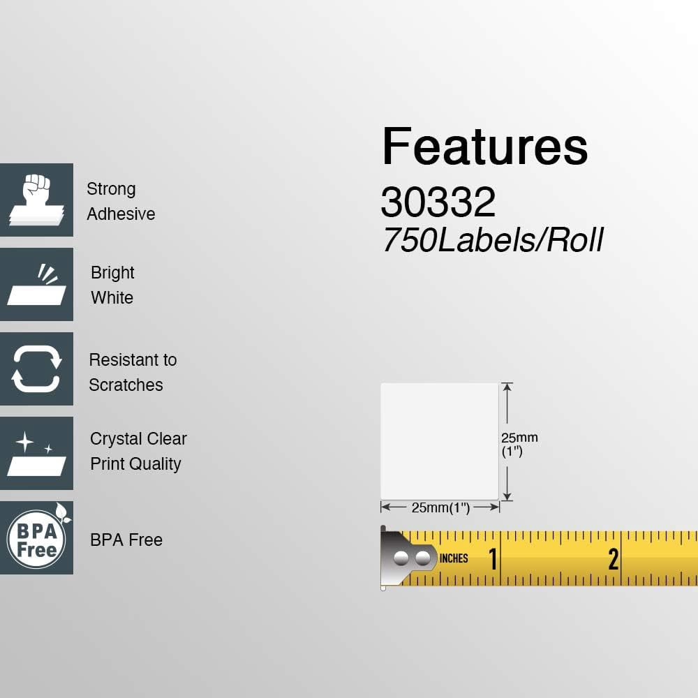 Compatible DYMO 30332 (1" x 1") Square Multipurpose Labels - Compatible with DYMO Labelwriter 450, 4XL & Zebra Desktop Printers [10 Rolls/7500 Labels]
