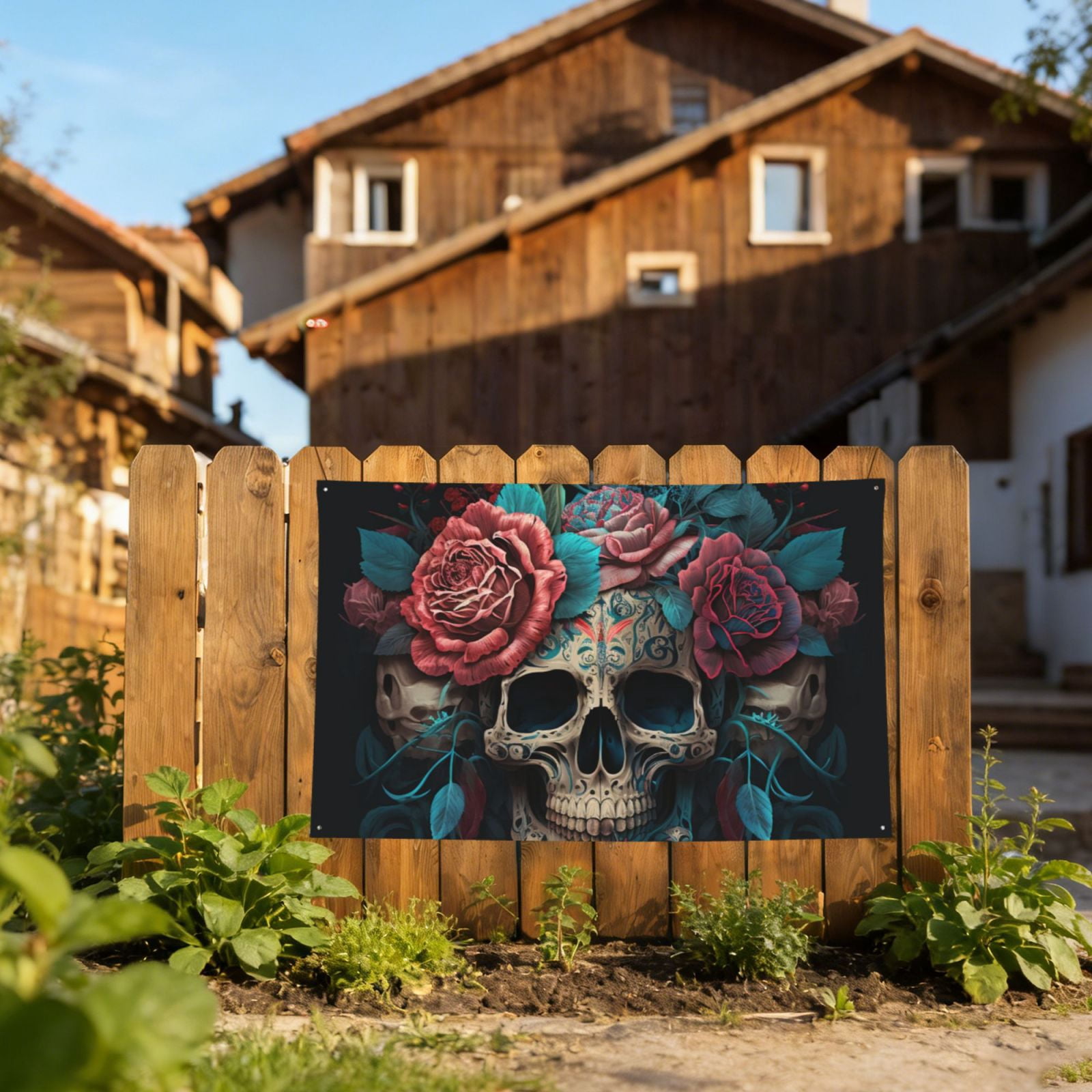 Mexican Skull Roses Day Of The Dead Four Hole Decorated Banner Flag for Garden Yard Home Decoration Indoor Outdoor 4x6 Ft