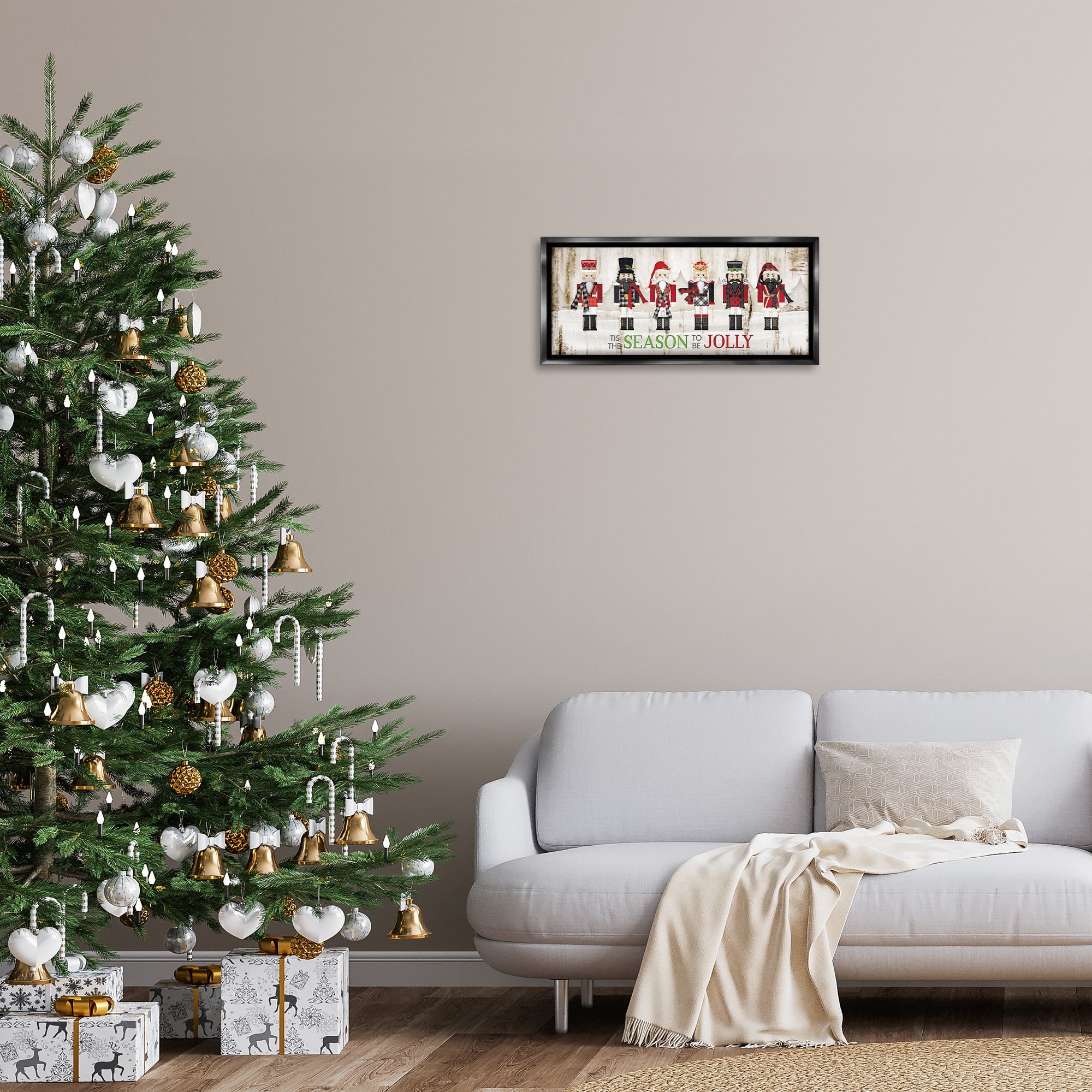 Stupell Industries Festive Phrase Winter Nutcrackers Inspirational Painting Black Floater Framed Canvas Art Print Wall Art, 25 x 11