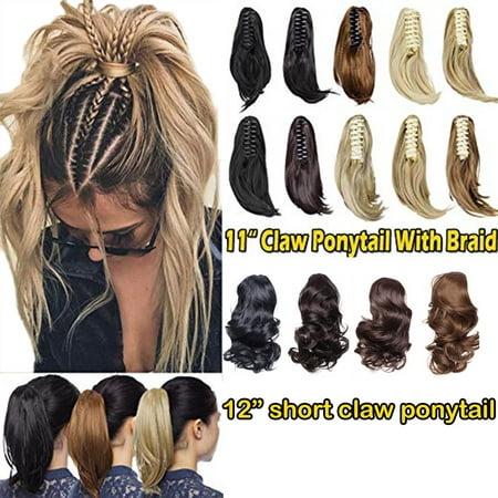 S-noilite 11-12 Inch Long Short Claw Ponytail Hair Extension One Piece Cute Clip in on Ponytail Jaw Claw braiding Drawstring Synthetic Straight Curly natural black ,