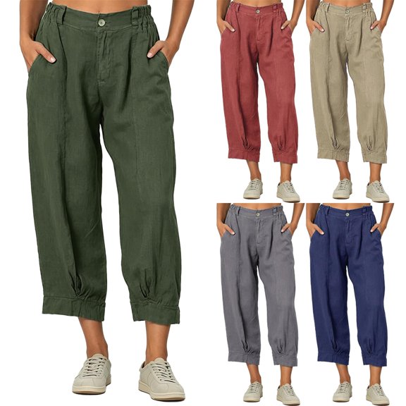 High-Waisted Cotton-Linen Balloon Pants for Women with Elastic Cuffs - Loose Fit Cropped Trousers for Women's Summer Casual & Vacation Wear Army Green L