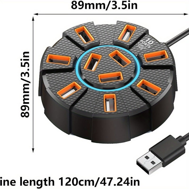 3-Pack 10-Port USB 2.0 Hub with Power Adapter, High-Speed USB Hub for Laptop/Computer, 10-Port Expansion Splitter, Compatible with Linux, Plug and Play