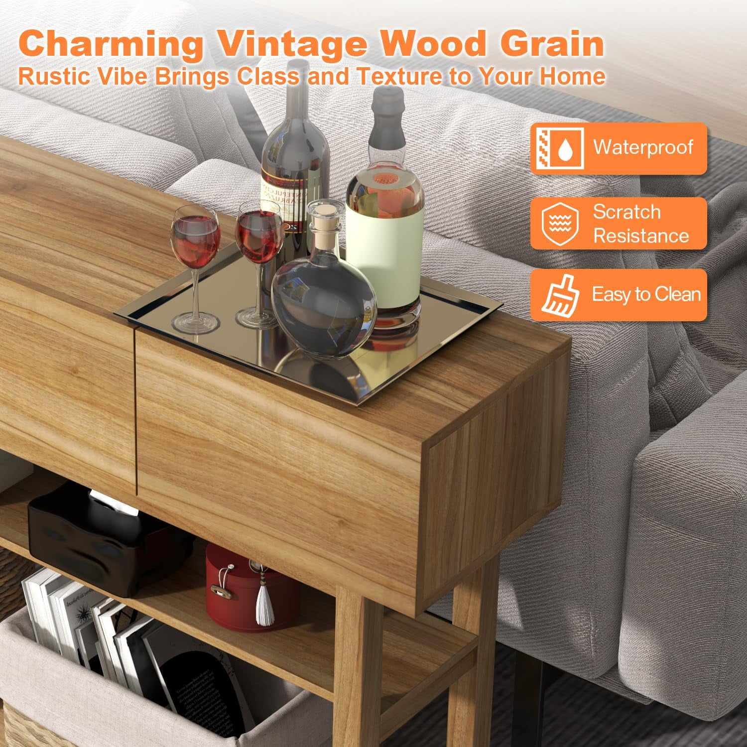 LAZZO Wood Console Table with 3 Drawers, 2-Tier Storage Shelves, Rustic Entryway Sofa Table for Living Room, Hallway & Foyer, Brown