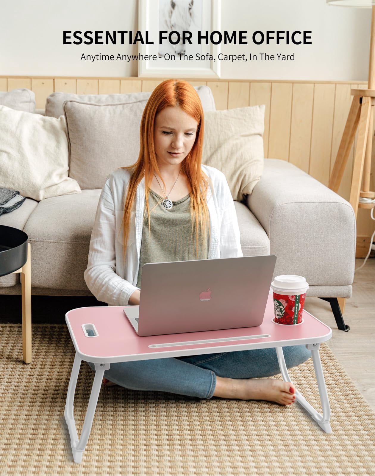 Laptop Bed Desk  Foldable Lap Portable Table Stand With Cup Holder & Tablet Slot Lifting Handle For Working Writing Drawing Eating - Pink