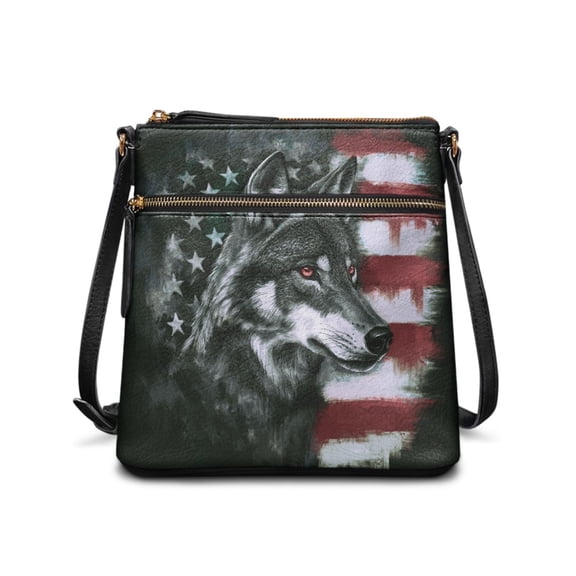 Kuiaobaty American Flag Wolf Print Crossbody Bag for Women, Medium Size Vegan Leather Messenger Handbag Crossbody, Large Capacity Sling Purse with Adjustable Strap for Travel