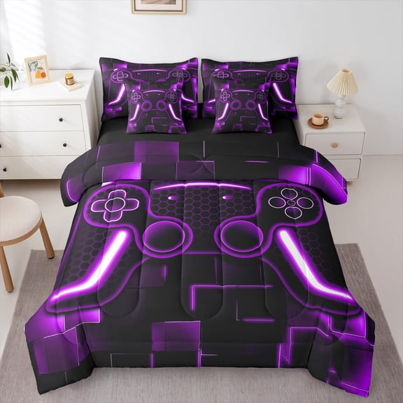 Gaming Bedding Set Teen Game Full Comforter Set 7 Piece Gamer Bed In A Bag With Sheets For All Season,Gamepad Home Decor For Bed Set Purple Black,Fluffy