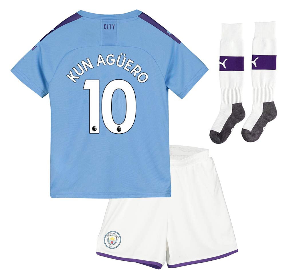 LAPINLE Manchester City 2019-2020 New Season 10 KUN Aguero Away Kids/Youths Soccer Jersey & Shorts & Socks Color Black