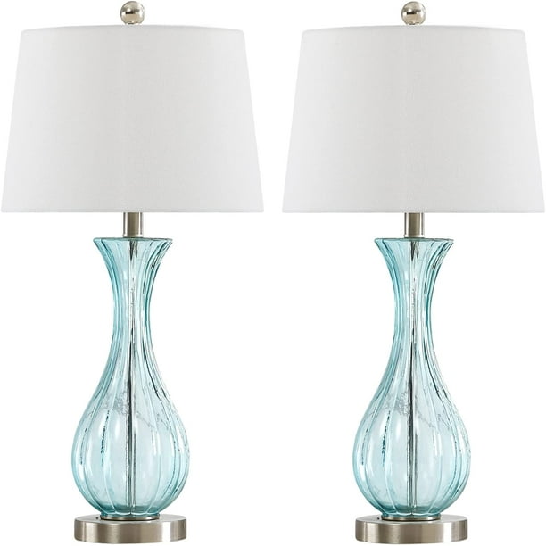 Glass Table Lamps Set of 2, Modern 25.5‘’ Blue Glass Bedside Lamps with