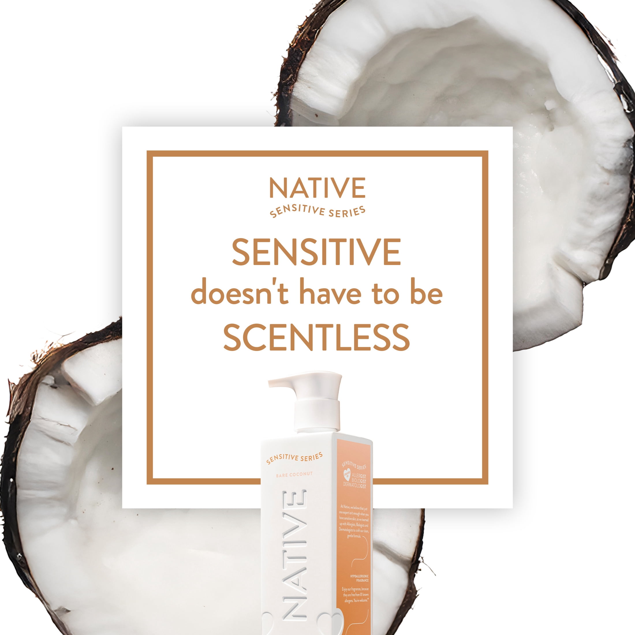 Native Body Wash, Sensitive Series, Hypoallergenic Fragrance, 24-Hour Hydrating, Bare Coconut, 18 fl oz