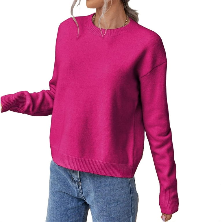 Womens Sweaters Casual Plain Round Neck Pullovers Hot Pink L ...