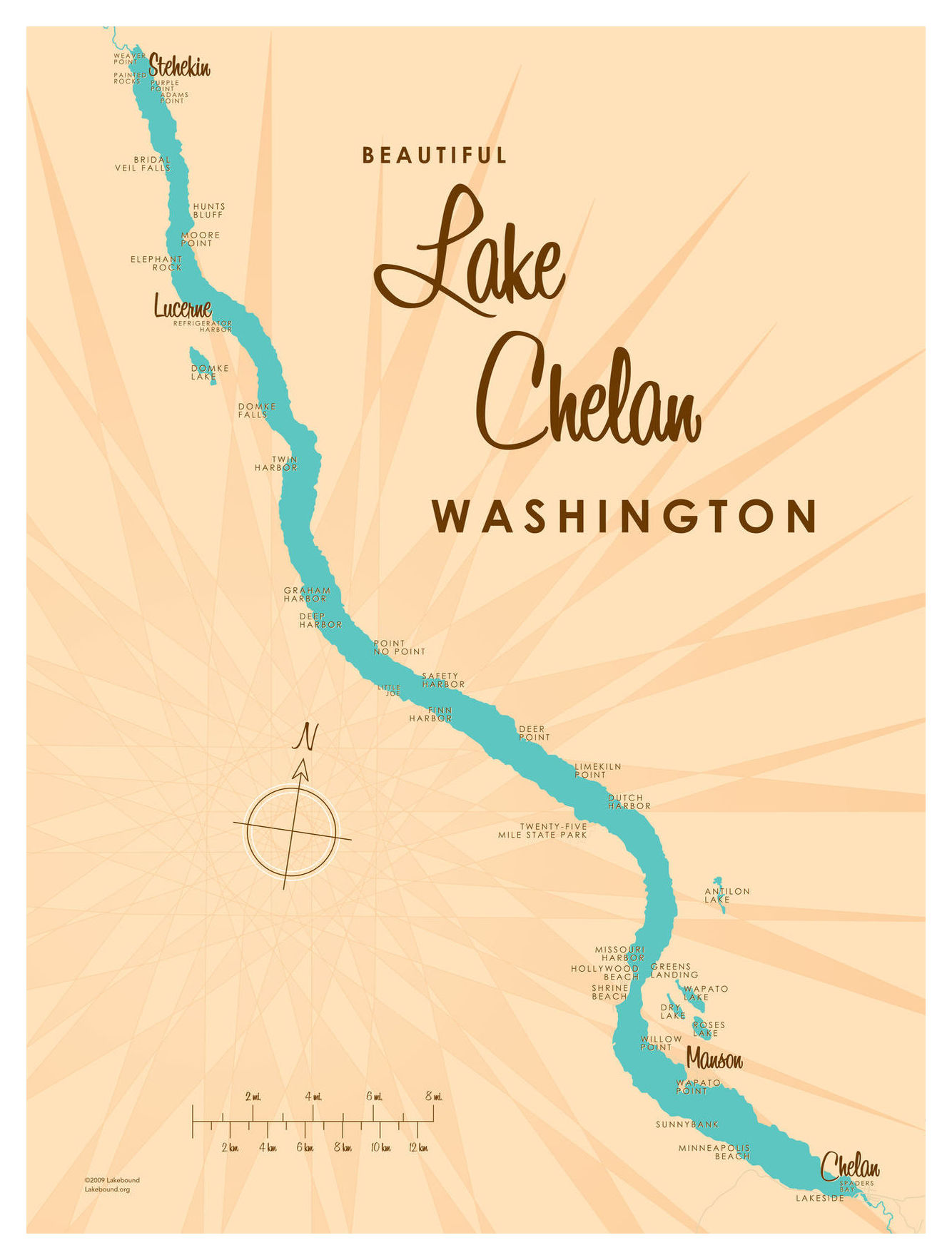 Lake Chelan Washington Map VintageStyle Art Print by Lakebound (9" x