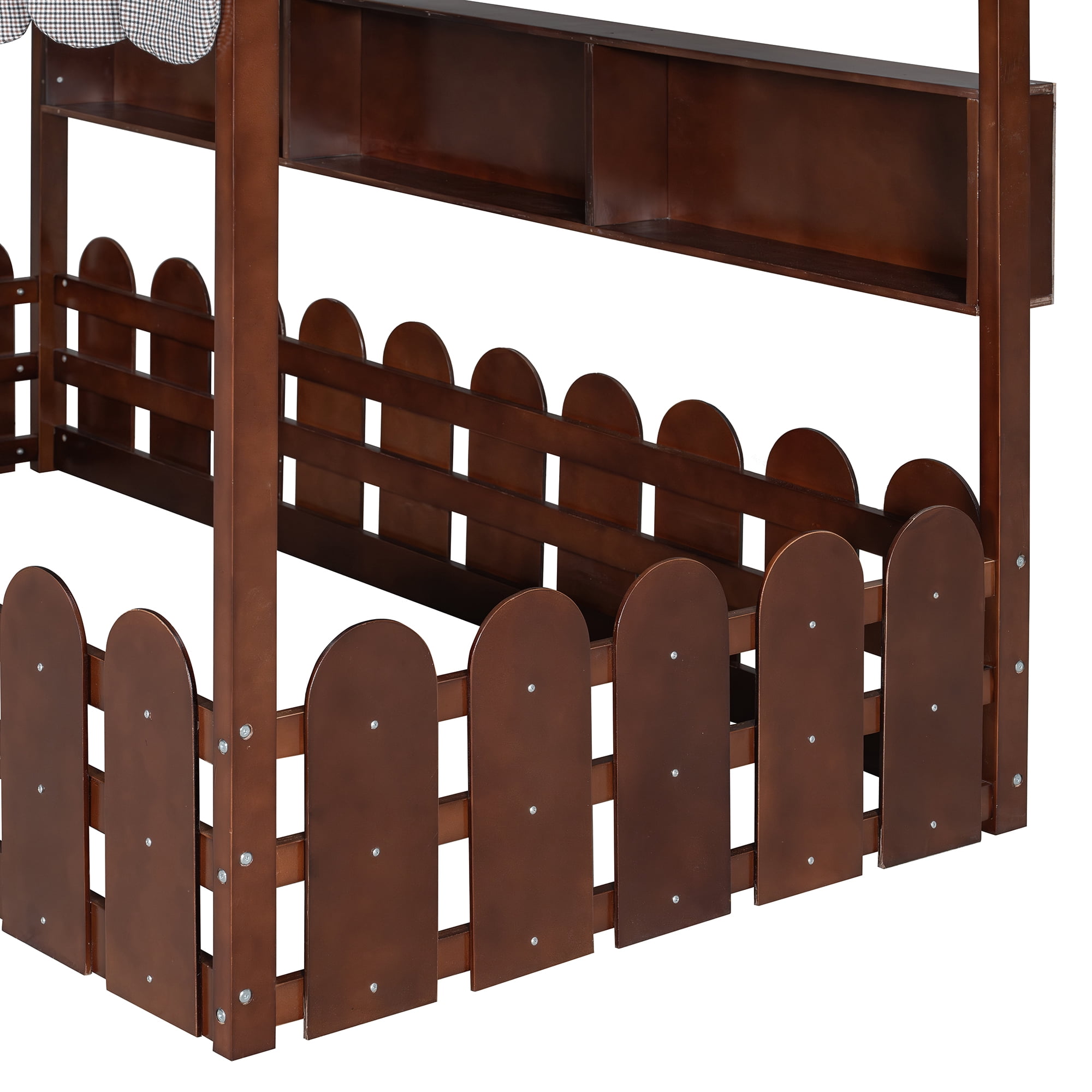 Aukfa Full Size House Bed with Fence and Tent for Kids, Wooden Montessori Bed with LED Lights & Storage Shelves for Toddler Boys and Girls Bedroom, Espresso