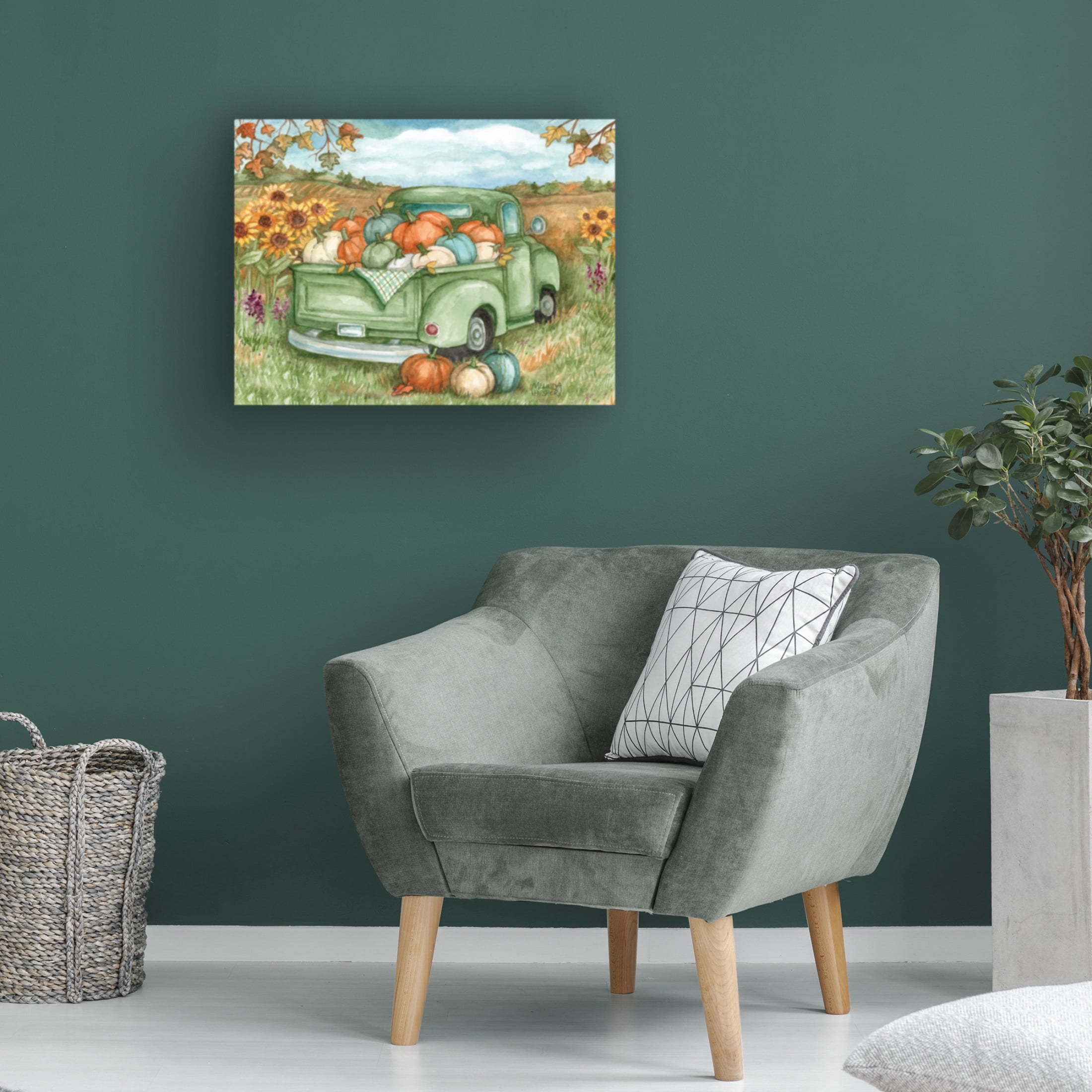 Canvas Wall Art - Melinda Hipsher 'Green Truck With Pumpkins In Autumn Sunflower Field' Wall Art for Living Room, Bedroom, or Office Décor by Trademark Fine Art - 32 x 24 Inches