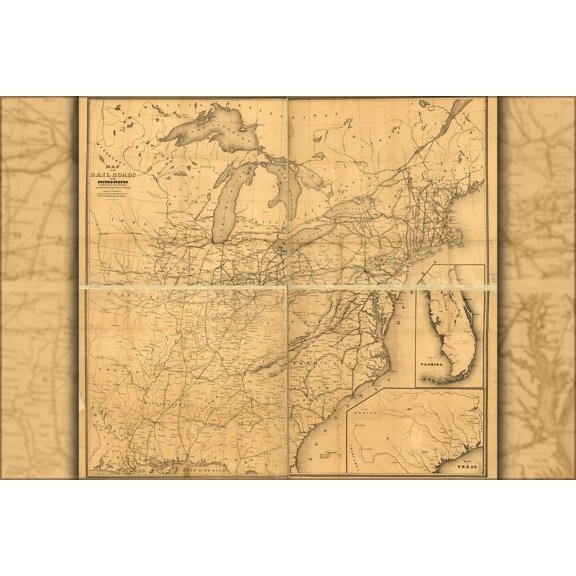 24"x36" Gallery Poster, map of railroads in the United States of america 1852