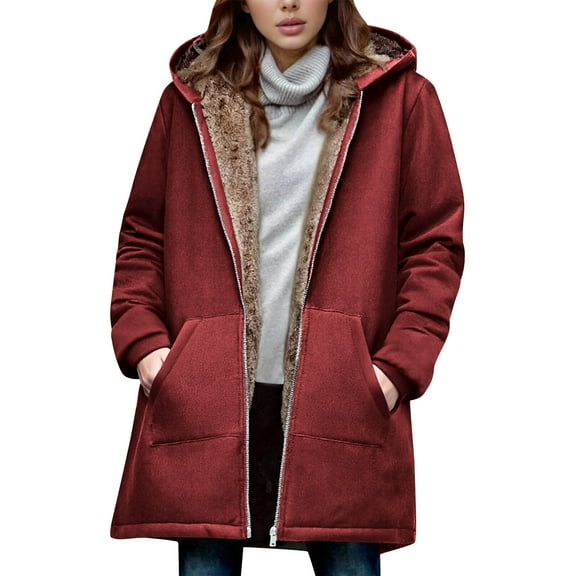 FDGIU Women's Lightweight Hooded Fleece Jacket - Zip Up Winter Coat with Pockets, Warm Fuzzy Lined Outerwear, Casual Fall Winter Jacket