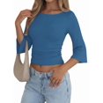 thumbnail image 2 of Women's 3/4 Sleeve Top Ruched Waist Fitted Tops for Women Crop Boat Neck Ribbed Bell Sleeve Flare Blue S, 2 of 8