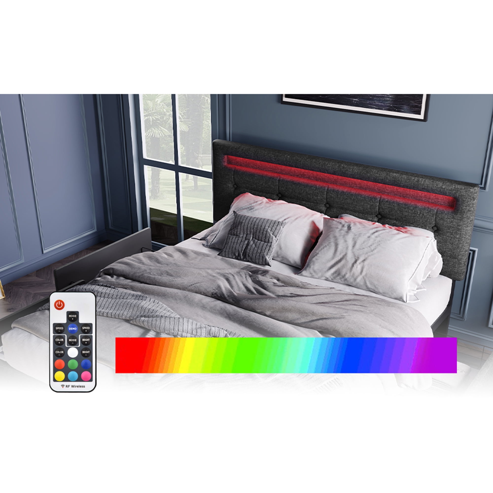 Kadyn Bed Frame Full Size, Upholstered Platform Bed Frame with 4 Storage Drawers and LED Lights & Adjustable Headboard,No Box Spring Needed,Grey
