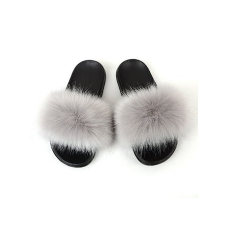 

Zodanni Women Fuzzy Slippers Color Block Fluffy Slides Furry Slipper Breathable Shoe Outdoor Lightweight Faux Home Shoes Light Gray 8.5-9