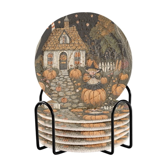 Pumpkin and Witch Drink Coasters with Holder Absorbent Coaster for Coffee Table Room Decor 6 Pack