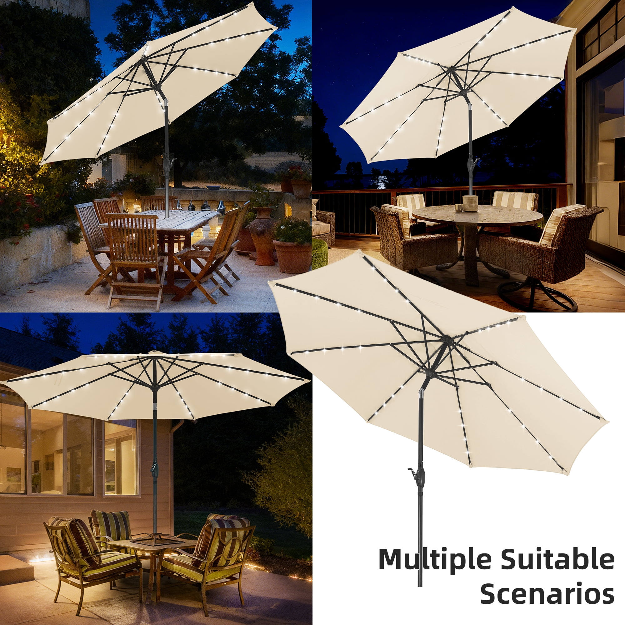 Autlaycil 10 ft Solar Patio Umbrellas with 32 Lights for Market Outdoor Pool, Steel Tilt Crank-Khaki