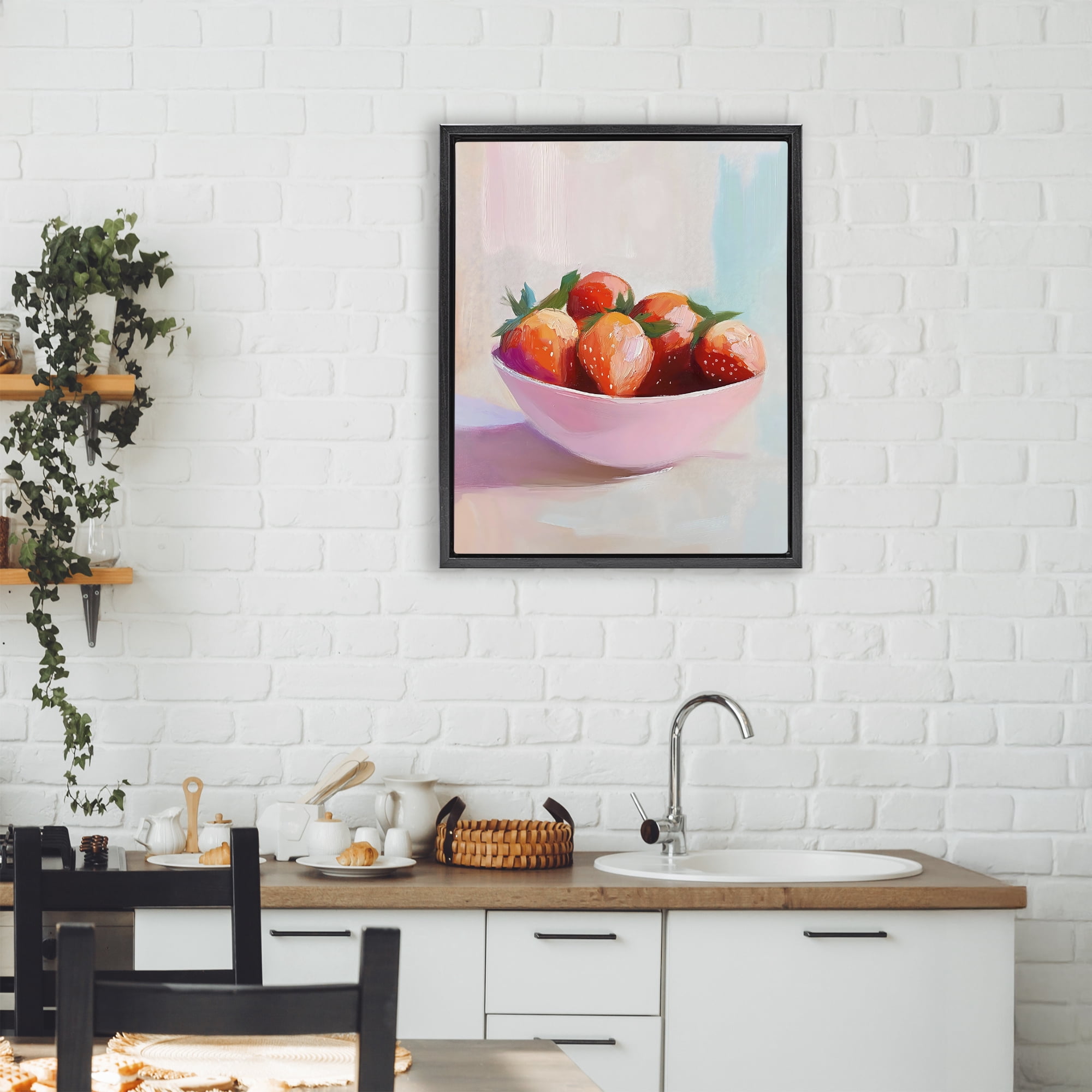 Stupell Industries Pastel Bowl of Strawberries Black Framed Floater Canvas Wall Art, design by The Prints Vibe