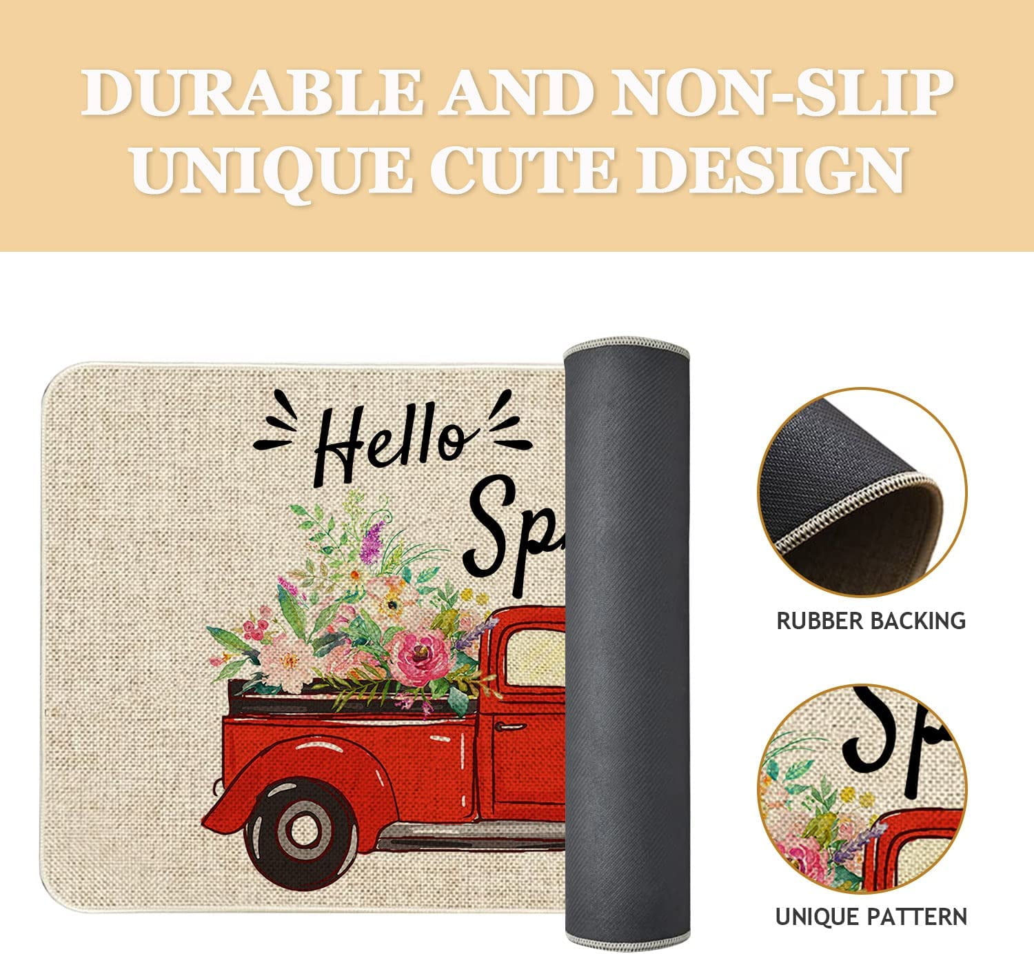 Spring Door Mat 30 X 17 Inch Hello Spring Red Truck with Flowers Doormat Indoor Outdoor Entrance Floor Mat Non Slip Spring Decor Rubber Mats