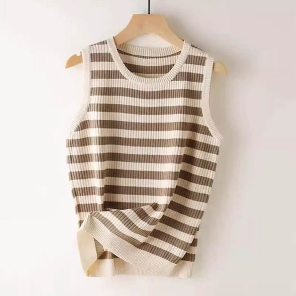 Gamivast Sweater Vest for Women Sleeveless Crew Neck Ribbed Knit Striped Pullover Top Relaxed Fit Casual Layering Summer Shirt