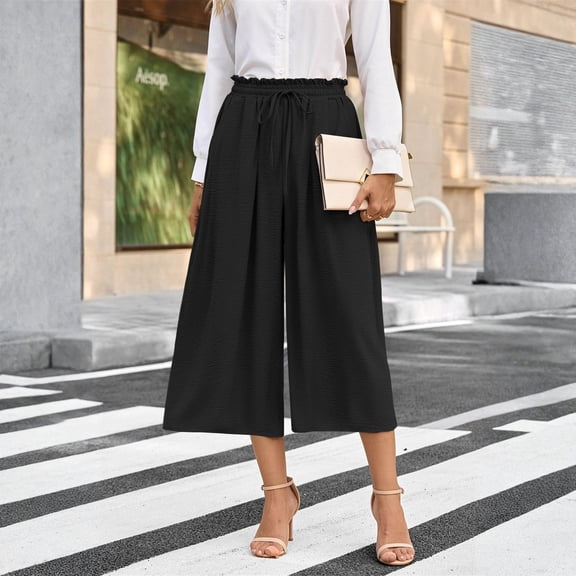 Stralyhd Wide Leg Capris Pants for Women Lightweight Half Elastic Waist Casual 3/4 Linen Pants Fashion Beach Trousers 2026 Summer Pants with Deep Pockets Black XXL