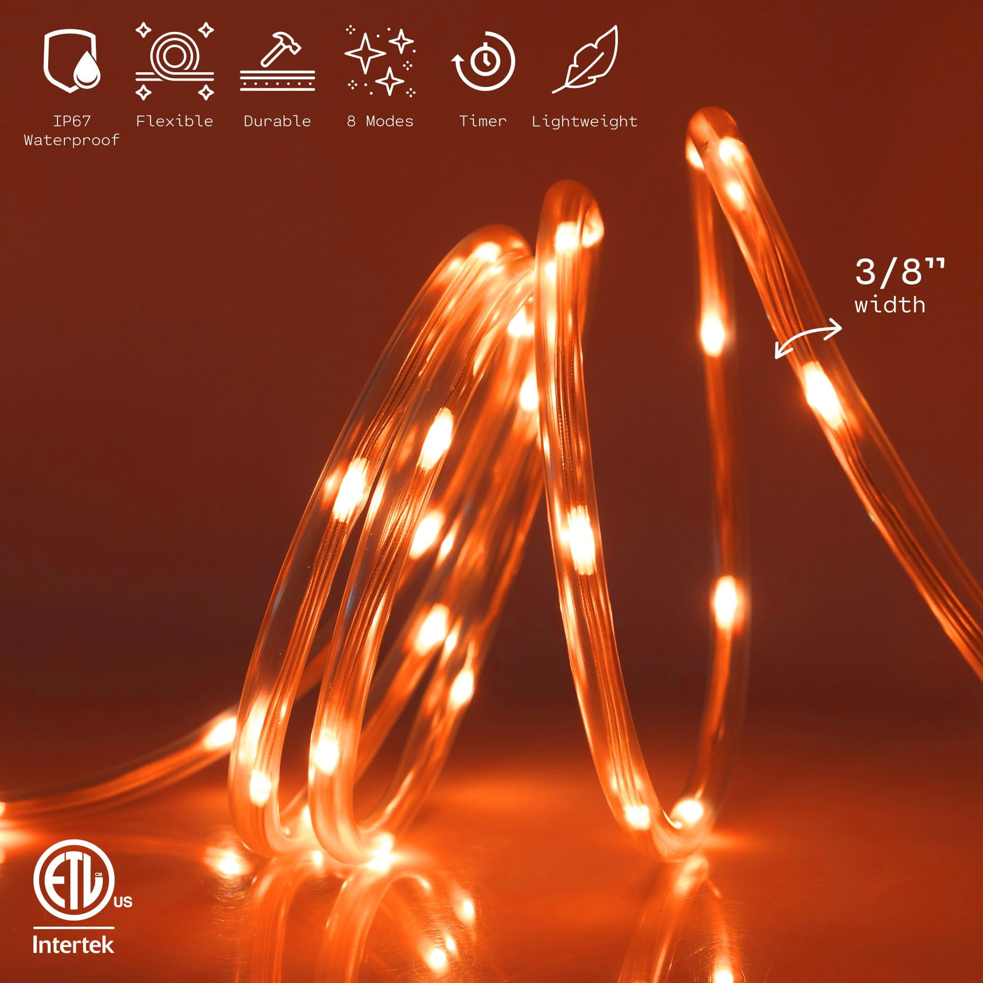 WYZworks 25ft Orange LED Outside Rope Light - 8 Modes, Waterproof Permanent Outdoor Accent Lighting w/Remote, Flexible Clear Tube, ETL Certified, Exterior Christmas Patio Palm Tree Yard Ambient