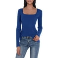 thumbnail image 1 of Femmes Col Carré Maille Élastique Extensible Manches Longues Slim Pull Tops Bleu X-Large, 1 of 1