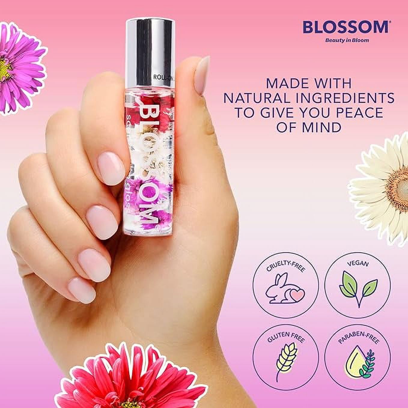 Blossom Scented Roll on Lip Gloss, Infused with Real Flowers, Made Domestically, 0.3 fl. oz./9ml, 3 pack Mini Gift Set, Strawberry, Watermelon, Mango