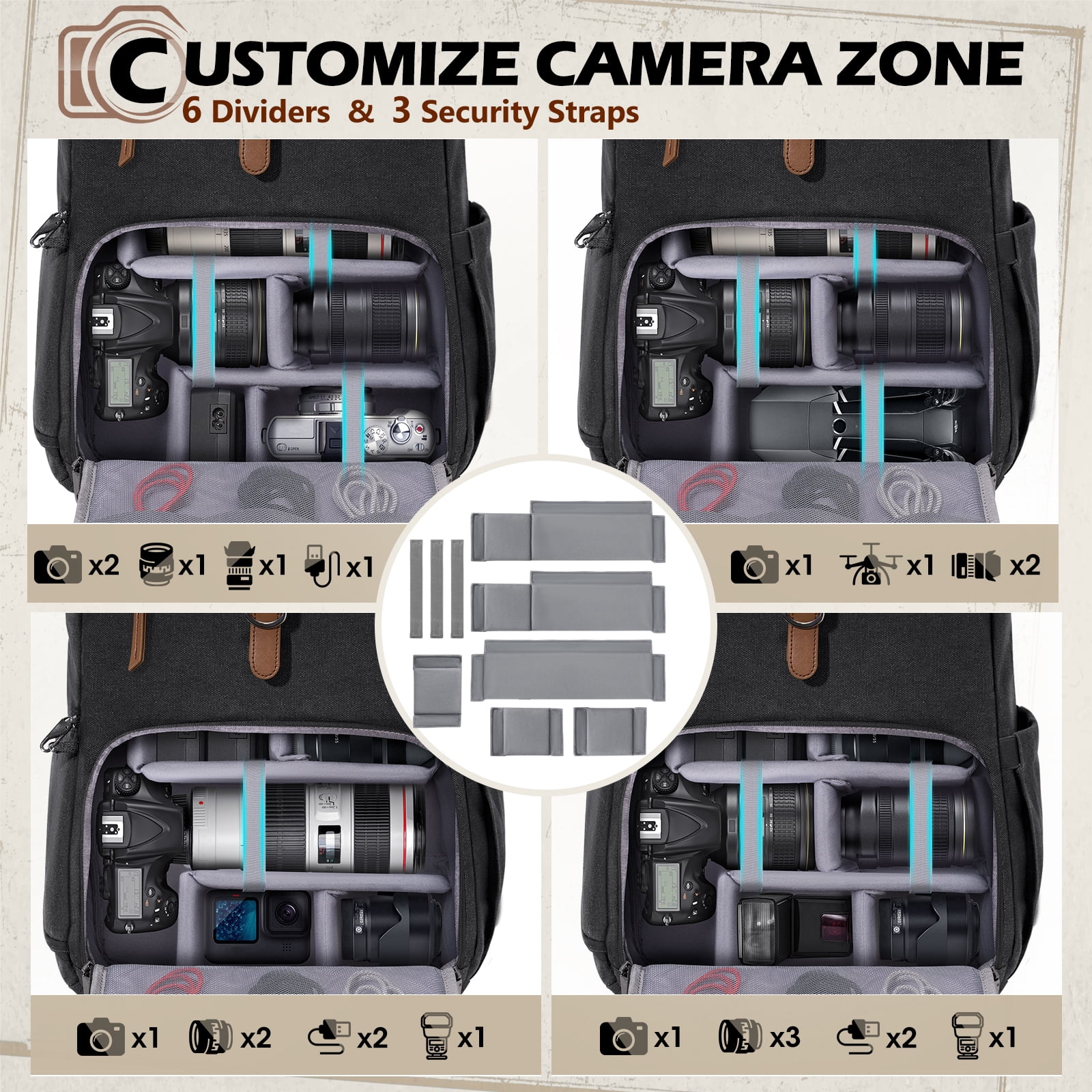 RAINSMORE Camera Bag Backpack for DSLR/SLR Mirrorless 15.6 Inch Laptop Camera Back Pack for Photographers Anti-Theft Photography Bags Case with Tripod Holder & Rain Cover, Black