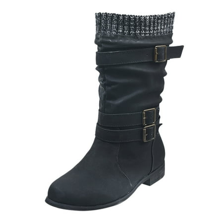 

HGWXX7 Womens Leather Flats Round Toe Low-heeled Buckle Strap Western Middle Tube Boots Fall Shoes