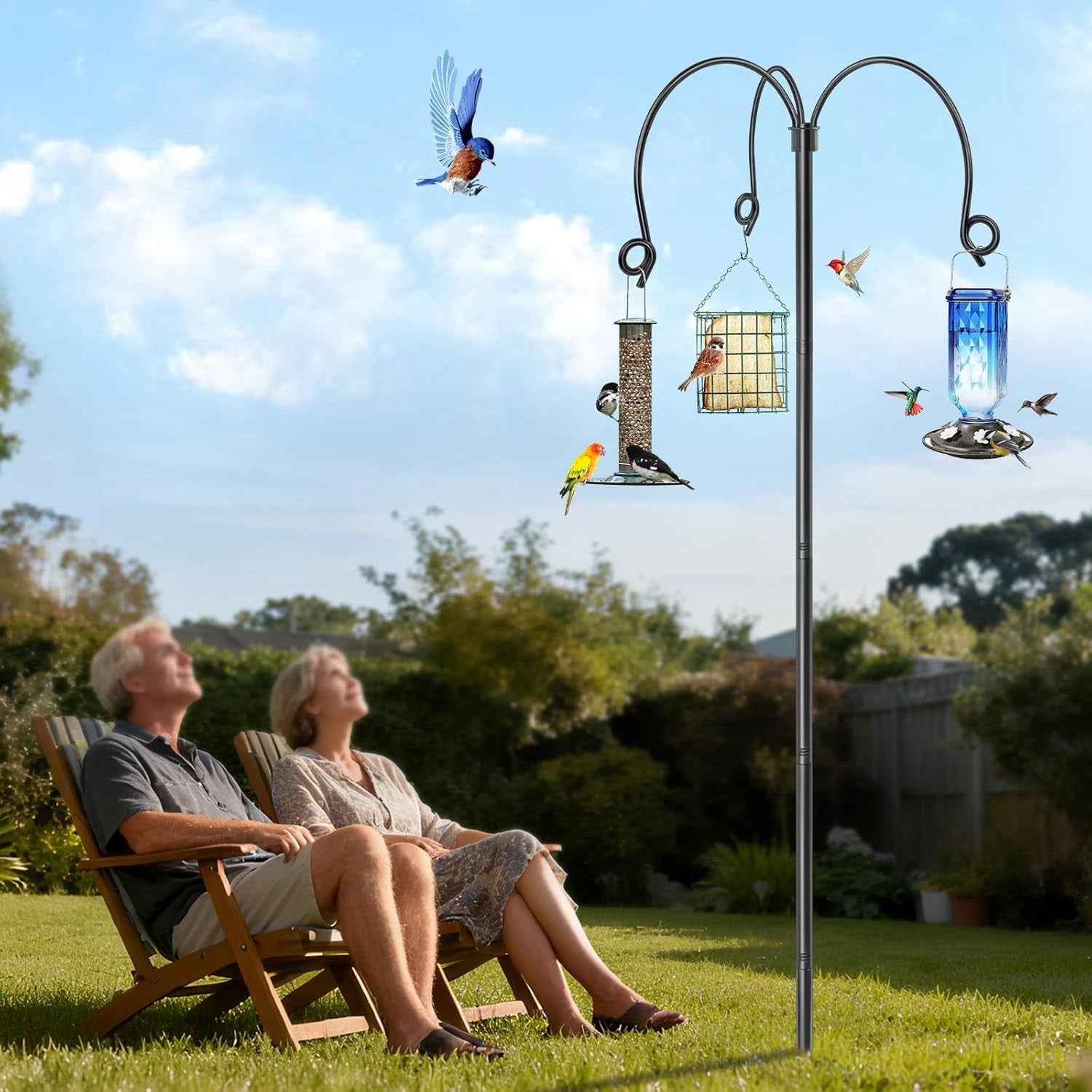 KOLAKO Bird Feeder Pole Stand, Heavy Duty Bird Feeding Station Large Metal Shepherds Hooks for Garden, Wind Proof 76 inch, Black