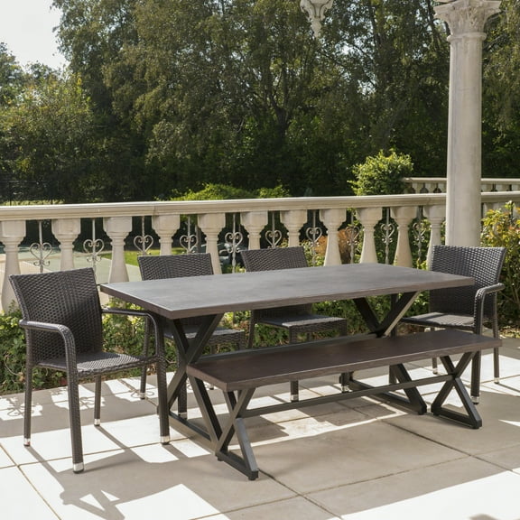 Outdoor 6 Piece Aluminum Dining Set with Bench and Wicker Armed and Armless Stacking Chairs,Brown,Multibrown