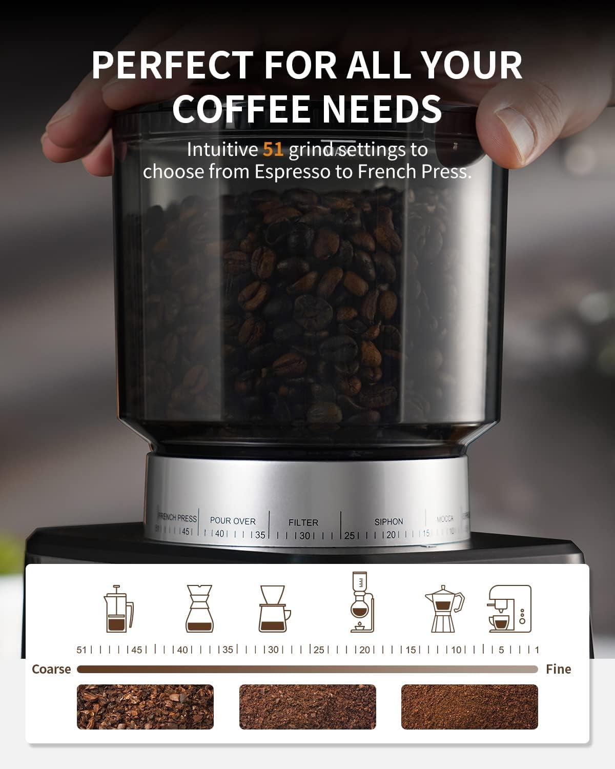 GDOR Conical Burr Espresso Coffee Grinder Electric with Precision Timer 2.0, Touchscreen Adjustable Burr Mill with 51 Precise Settings for Home Use, Anti-static, Stainless Steel