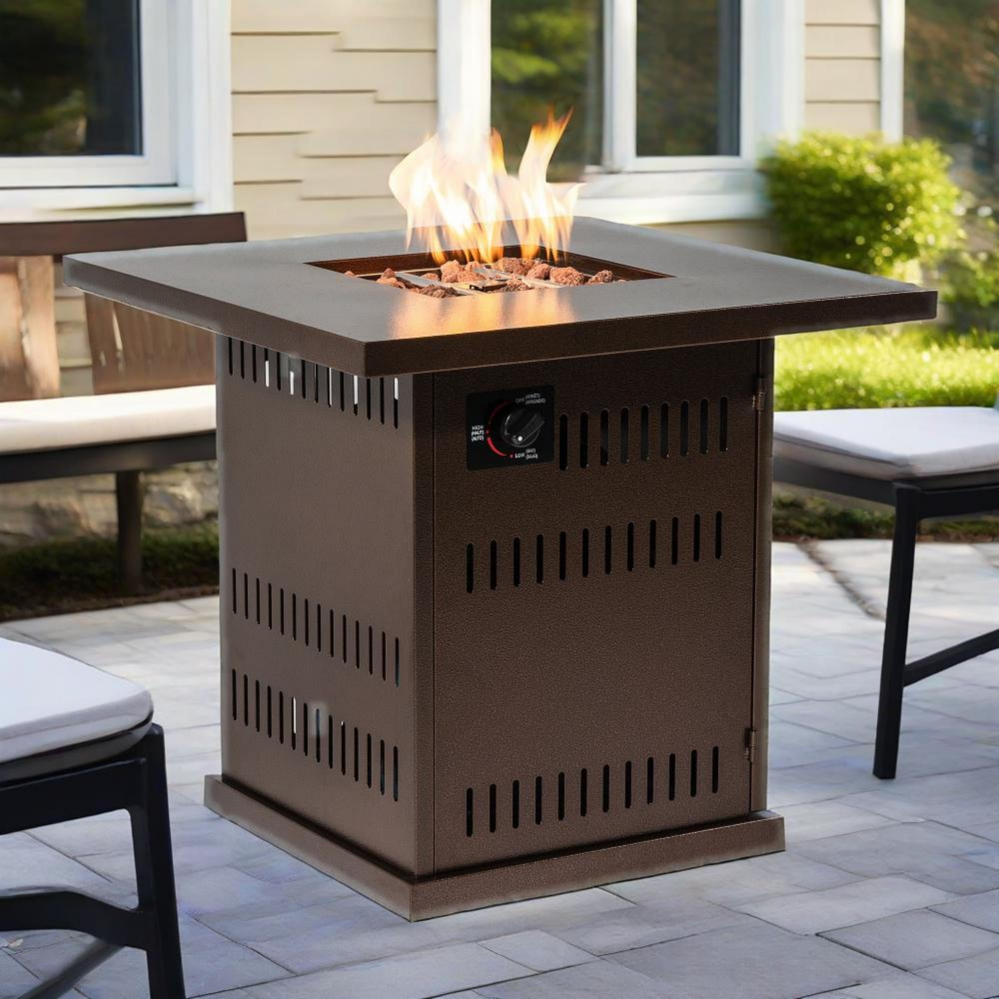 28" Fire Pit Table, Propane Fire Pit with Lid, Lava Rocks, 50000 BTU Outdoor Gas Fire Pit, Metal Square Propane Fire Pit for Outside Garden Backyard Deck Patio, Brown, LLL4008