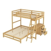 EUROCO Twin over Full Bunk Bed with Desk and Drawers, Natural