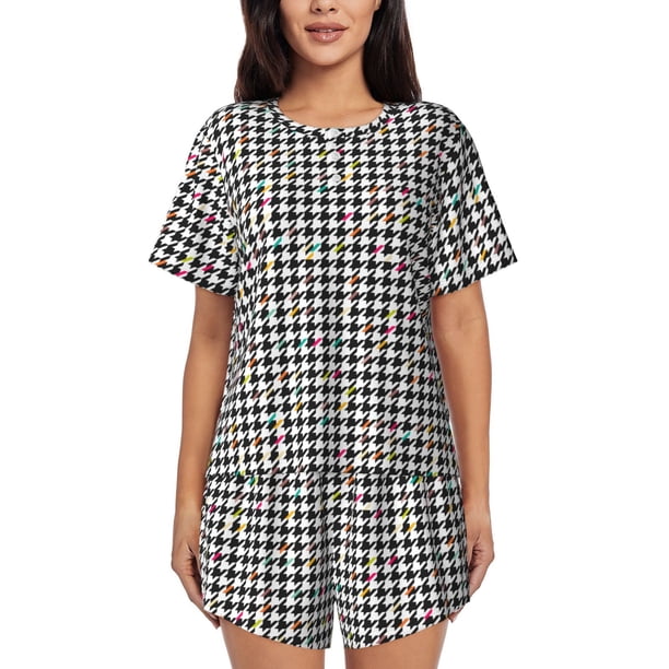 Fotbe Black And White Houndstooth Conjunto de Pijama Estampado para Mujer, 2 Piezas, Ropa de Dormir con Camiseta de Manga Corta y Shorts Suaves-Medium
