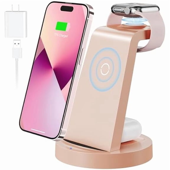 Saluqifa 3 in 1 Charging Station for Apple Device, Wireless Charger for iPhone 16 15 14 13 12 11 Pro Max & Apple Watch iwatch- Charging Stand Dock for AirPods (Rose)