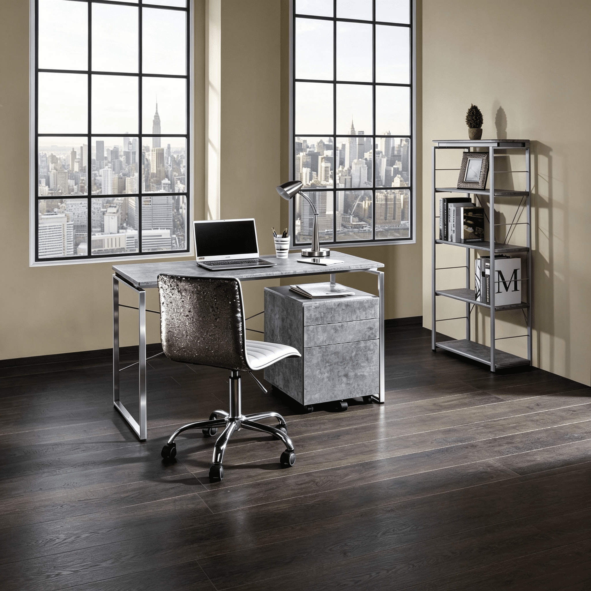 Astoutdoor Metal Frame Writing Desk with Faux Concrete and Silver Finish, Home Office Laptop Table