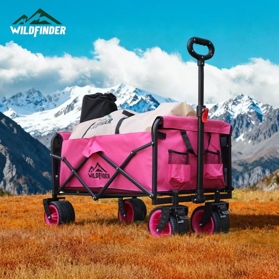 WildFinder Heavy Duty Foldable Wagon Cart with All-Terrain Wheels, 330lbs Capacity Portable Utility Wagon for Camping, Beach, Shopping and Outdoor Activities, Pink