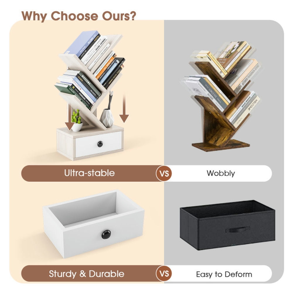 Demi Bonn 5-Tier Floor Standing Tree Bookcase with Drawer, Space-Saving Bookshelf, Beige