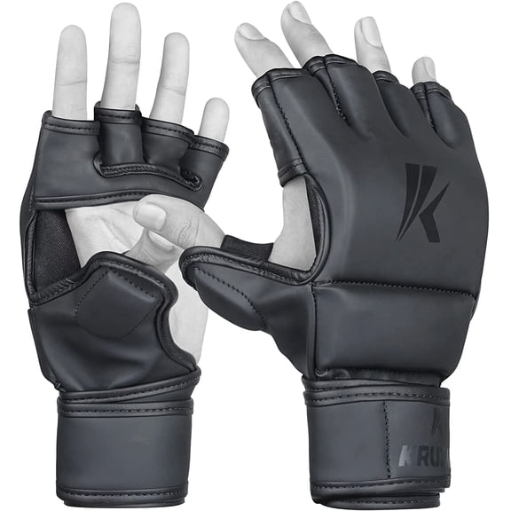 Kruzak Men and Women's Half-Finger Synthetic Leather MMA Gloves with Hand Wraps for Sparring, Kickboxing, Matte Black, Large/X-Large