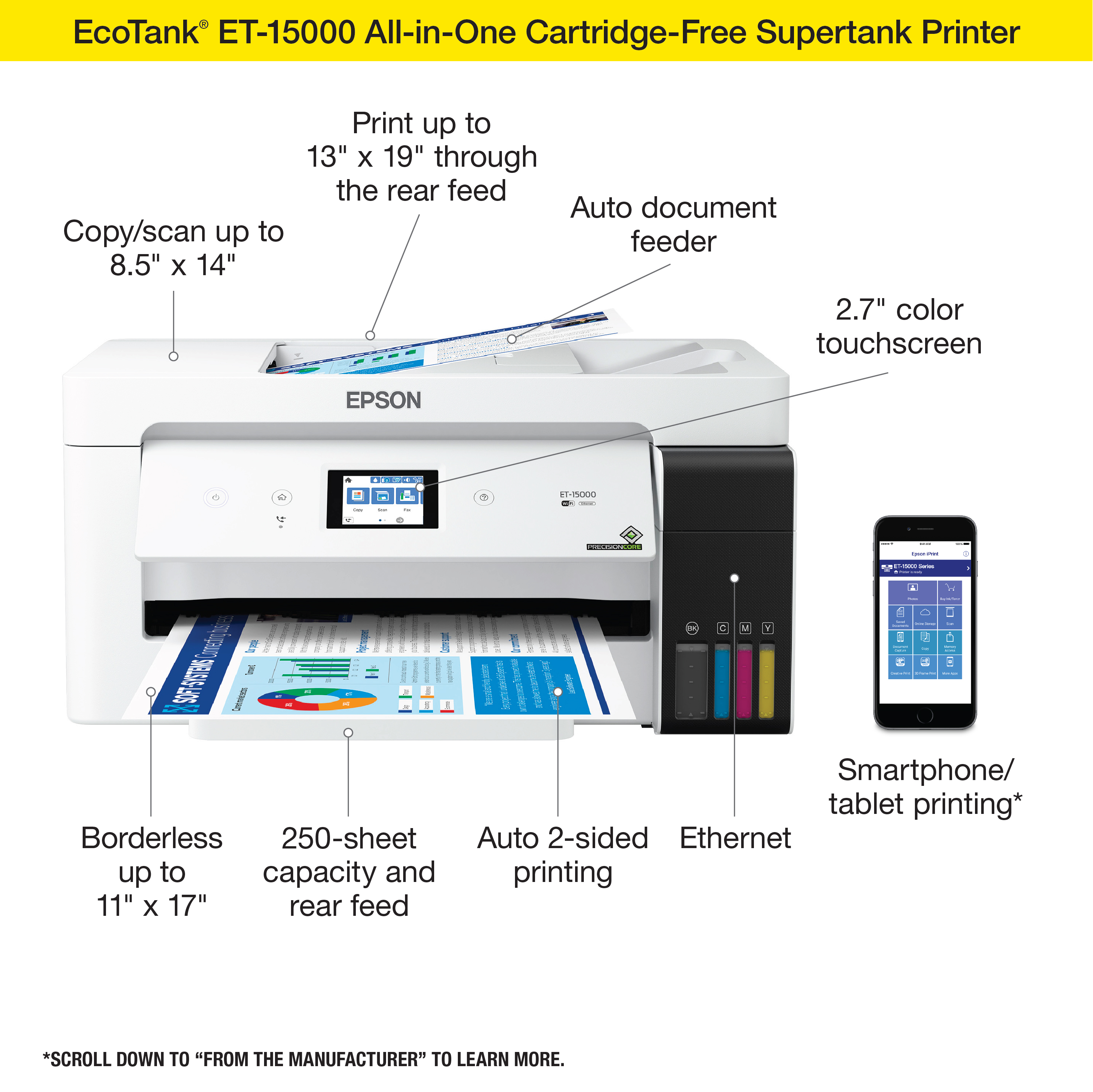 Epson EcoTank ET-15000 Wireless Color All-in-One Supertank Printer with Scanner, Copier, Fax, Ethernet and Printing up to 13 x 19 Inches - image 4 of 6