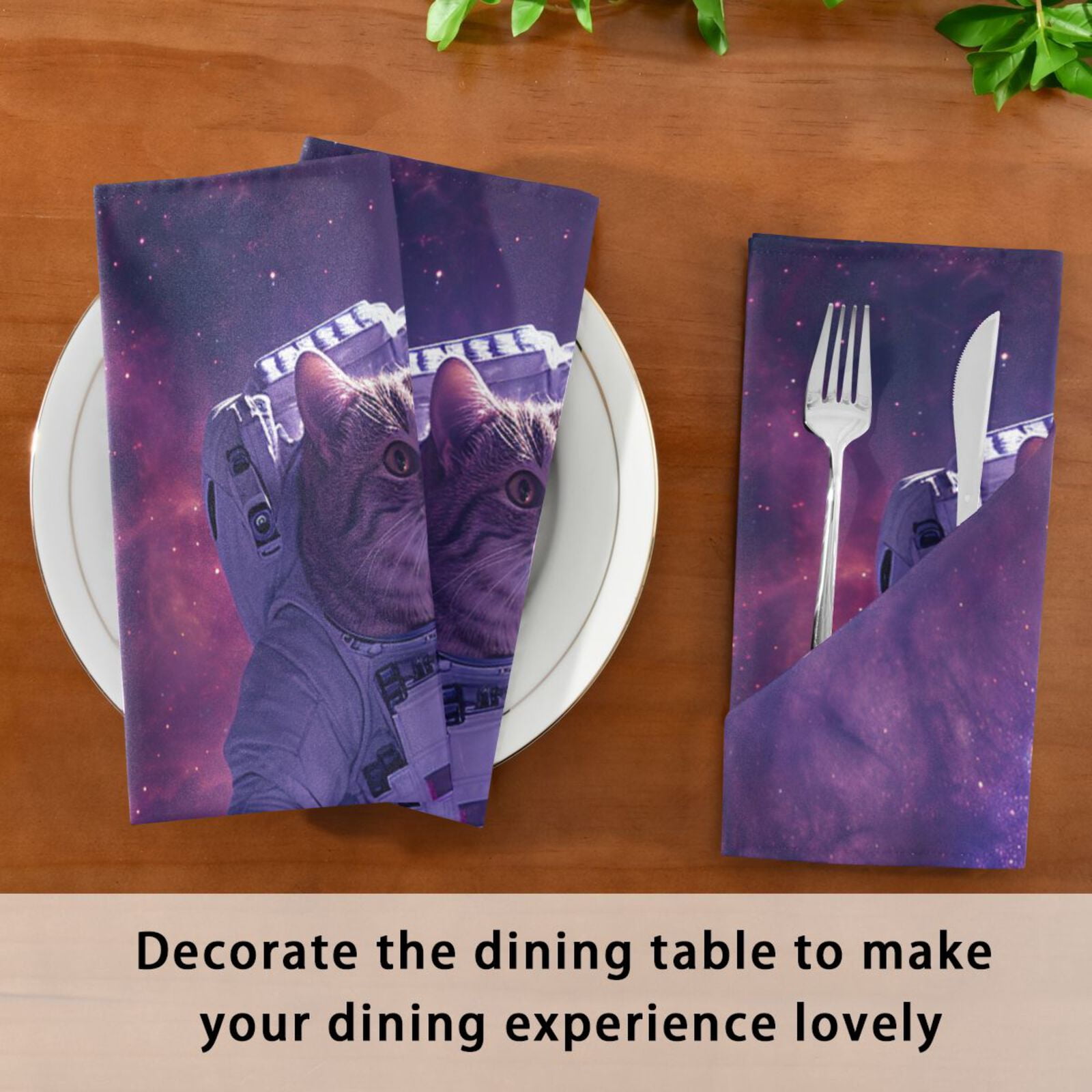 JSTEL Astronaut Cat Funny Cloth Napkins Set of 6, 20x20 Inch Washable and Reusable Napkin for Decoupage Dinner Party Everyday Use