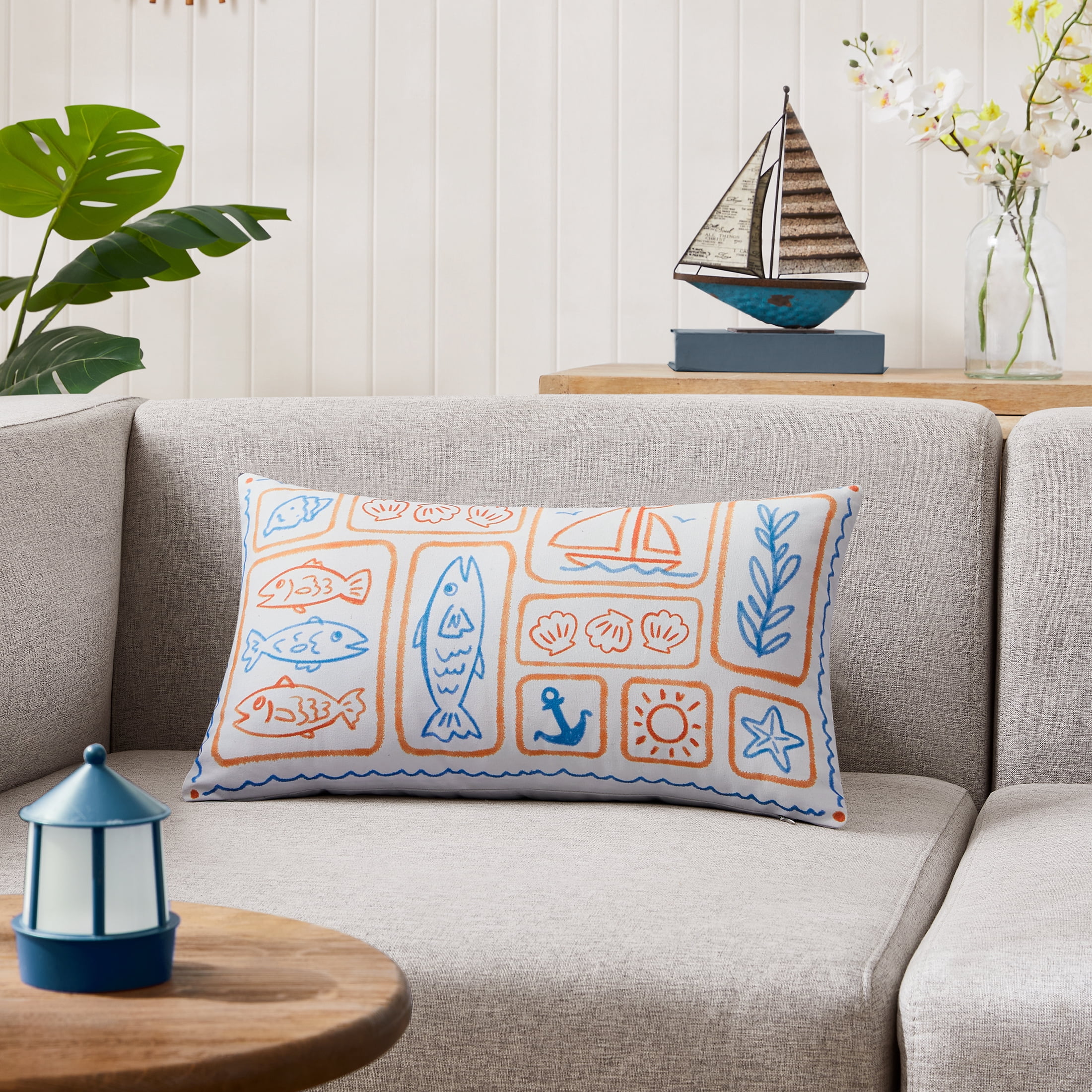 Coastal Living 12" x 20" Blue Fisherman 100% Cotton Decorative Throw Pillow for Couch or Bed