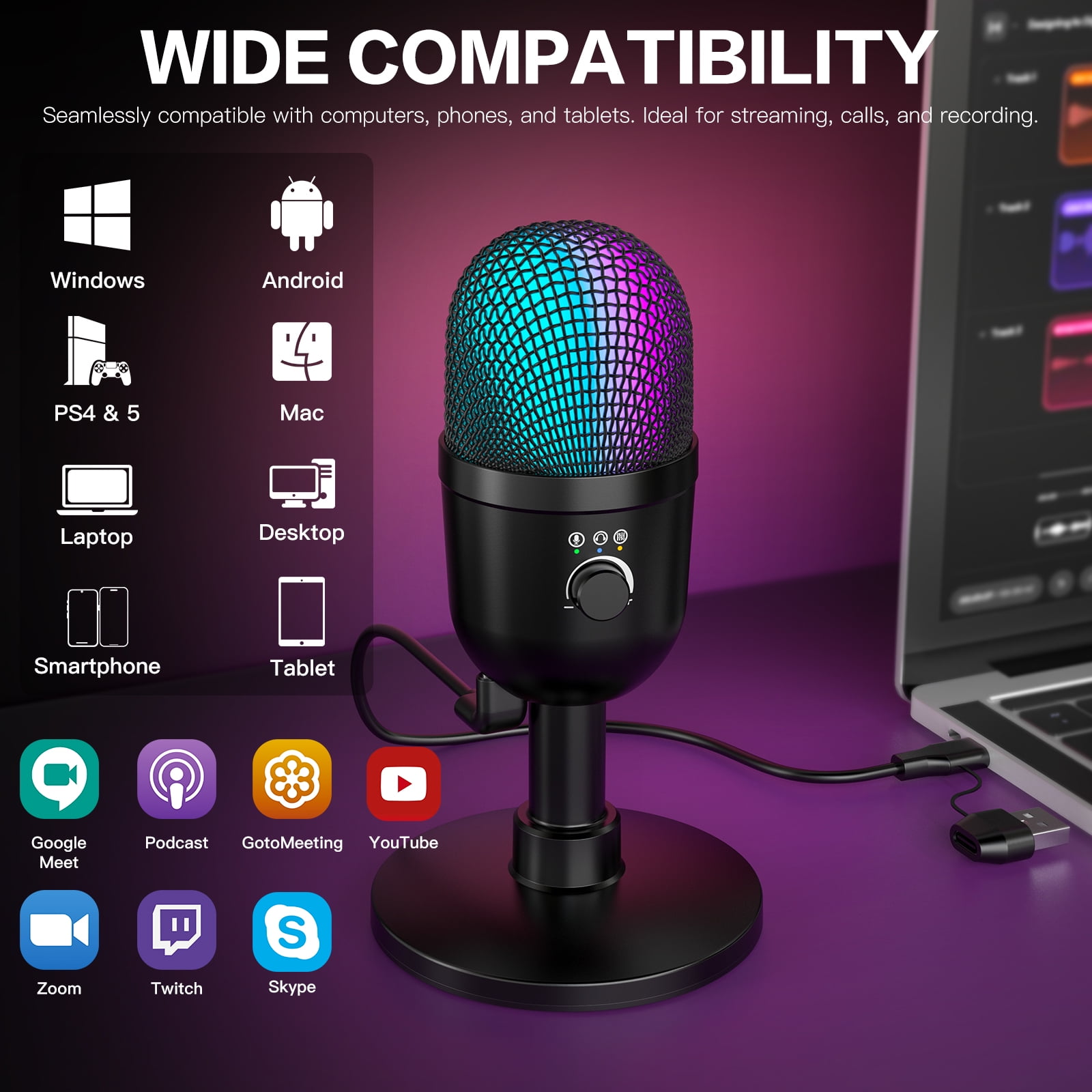 Zealsound Gaming Condenser Microphone with RGB Lights, Studio USB Mic for PC, Mac, iPhone, Plug & Play, Mute & Gain Control, Monitoring for Streaming, Podcasting, TikTok, YouTube